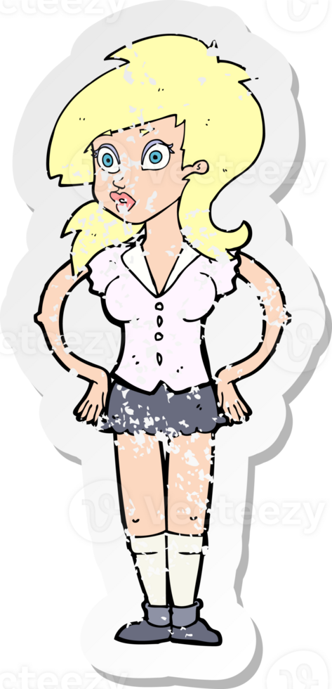 retro distressed sticker of a cartoon pretty woman drawing png