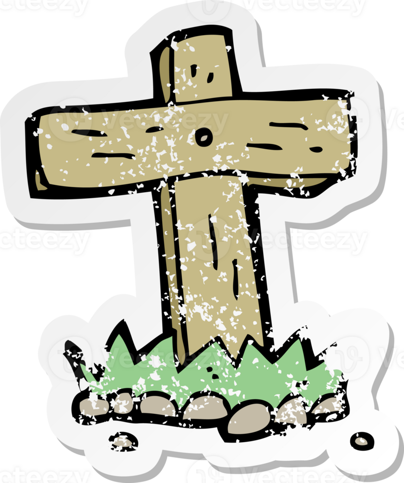 retro distressed sticker of a cartoon wooden cross grave drawing png