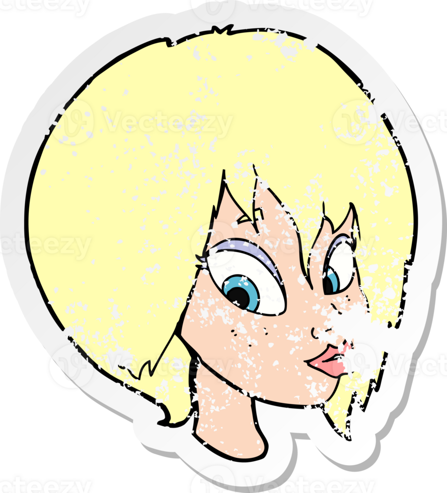 retro distressed sticker of a cartoon pretty female face pouting drawing png