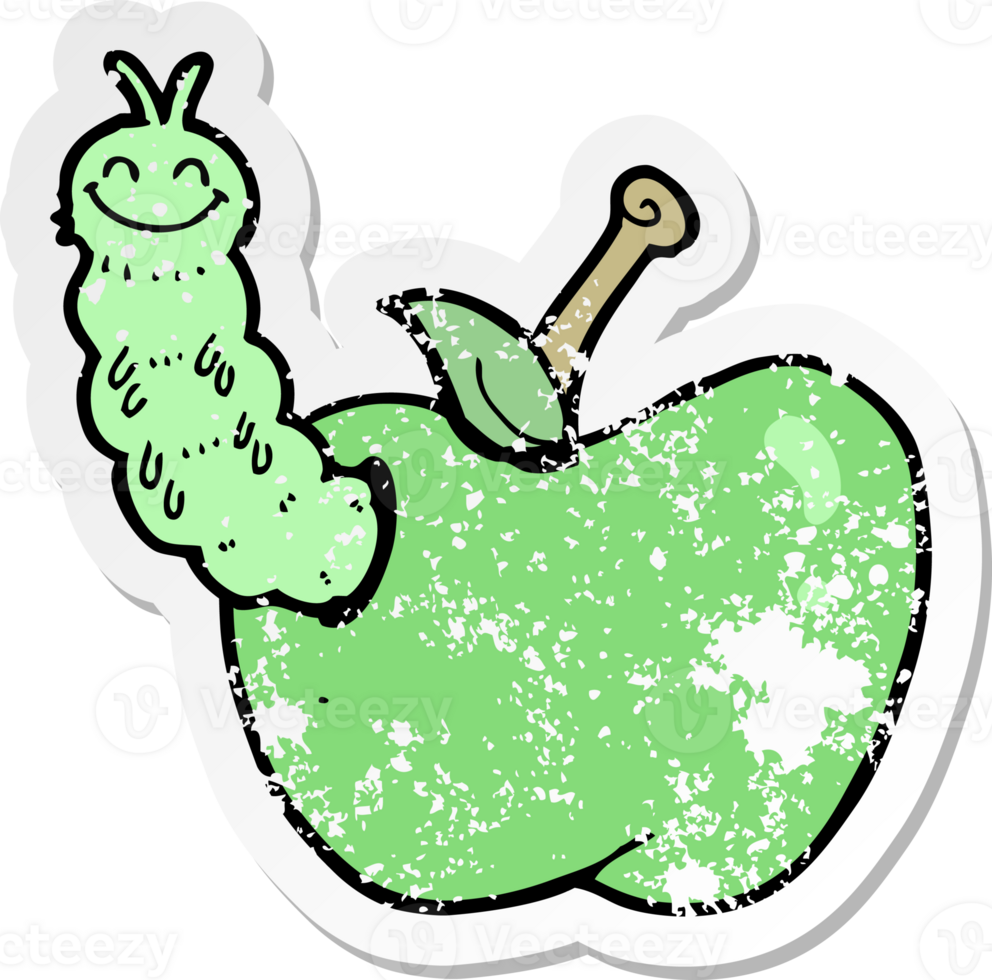 retro distressed sticker of a cartoon bug eating apple drawing png