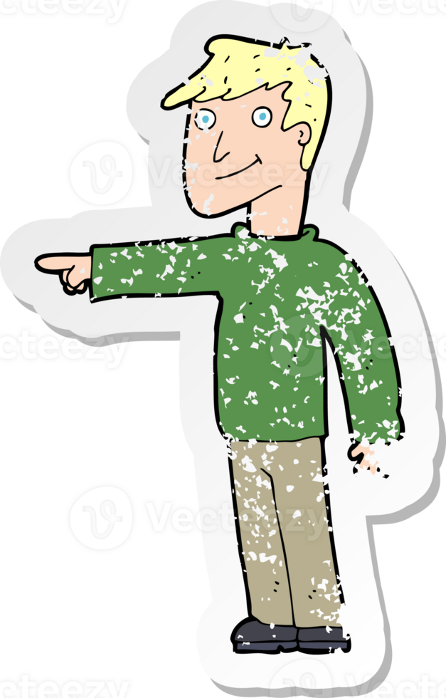 retro distressed sticker of a cartoon man pointing drawing png