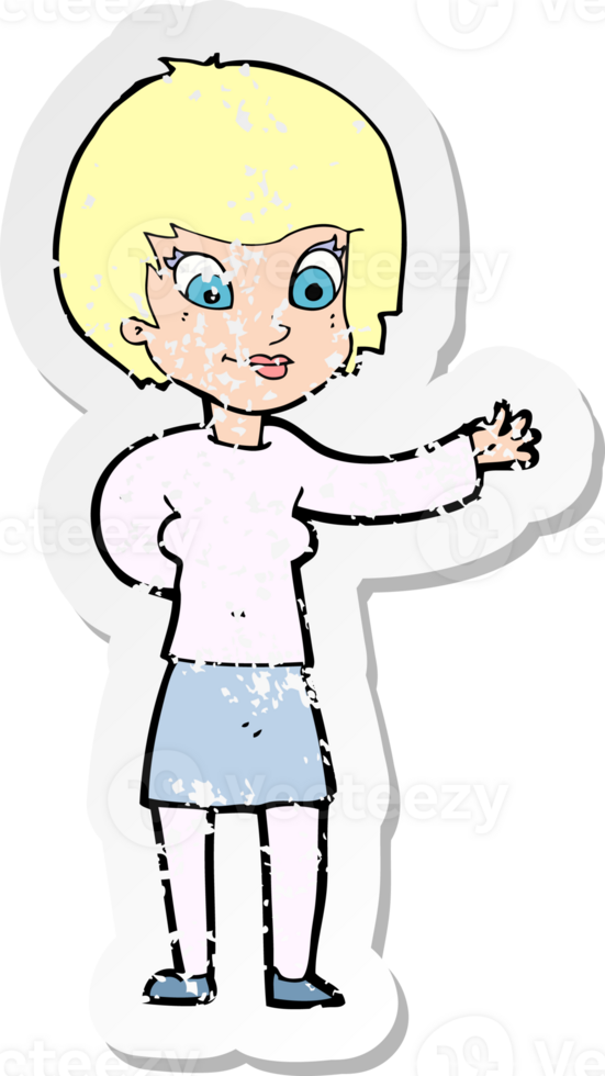 retro distressed sticker of a cartoon welcoming woman drawing png