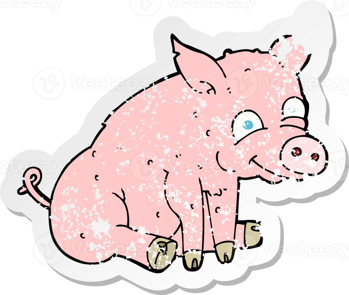 retro distressed sticker of a cartoon happy pig drawing png