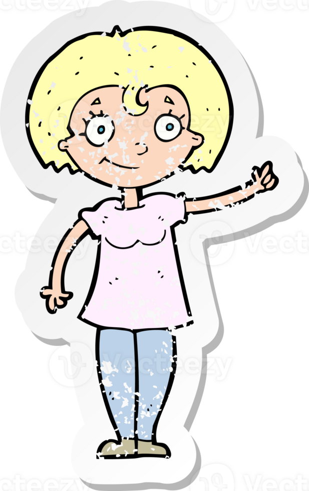 retro distressed sticker of a cartoon happy woman pointing drawing png
