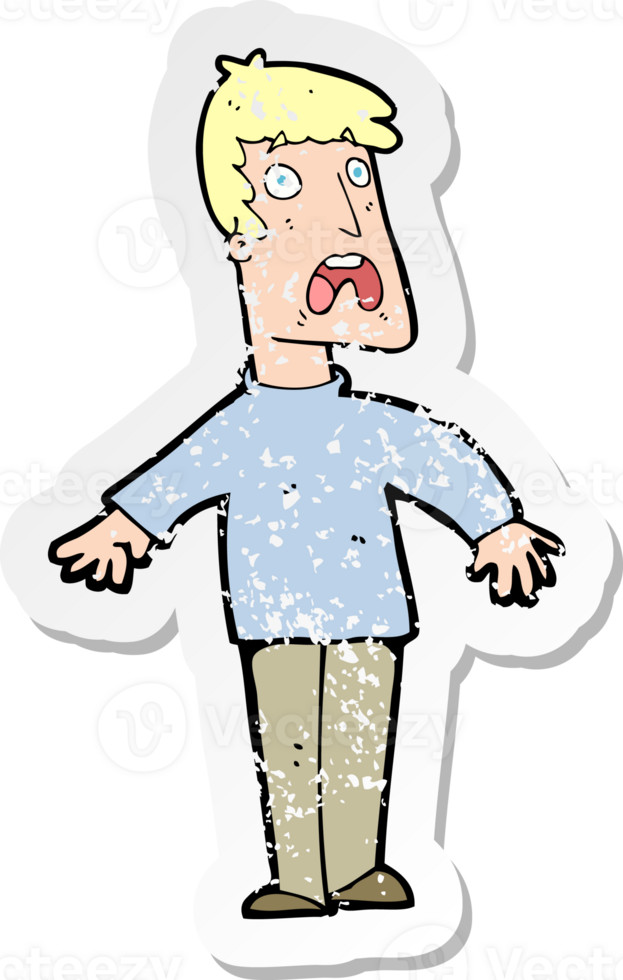 retro distressed sticker of a cartoon terrified man drawing png