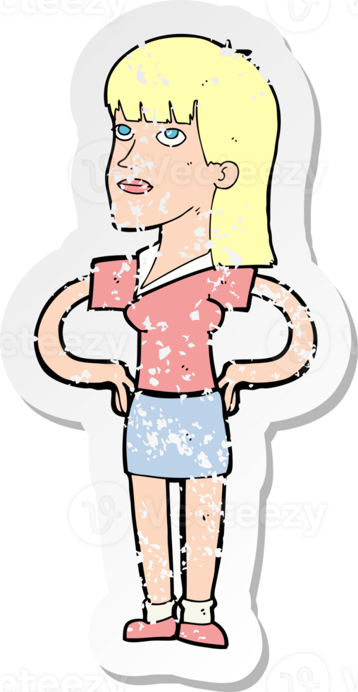retro distressed sticker of a cartoon woman with hands on hips drawing png