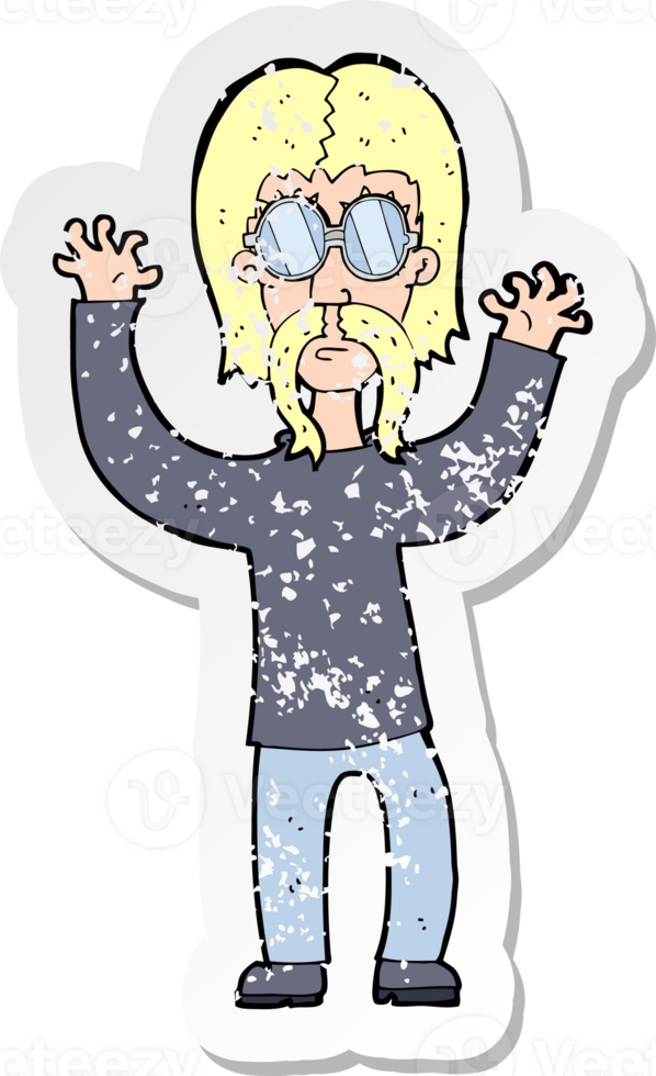 retro distressed sticker of a cartoon hippie man waving arms drawing png
