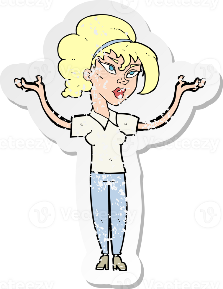 retro distressed sticker of a cartoon woman raising hands in air drawing png