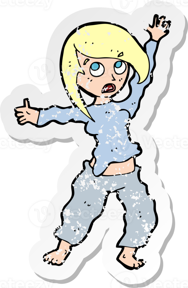 retro distressed sticker of a cartoon frightened woman drawing png