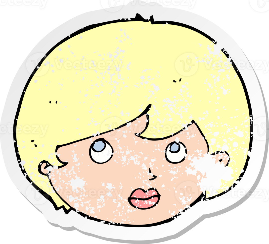 retro distressed sticker of a cartoon female face looking upwards drawing png