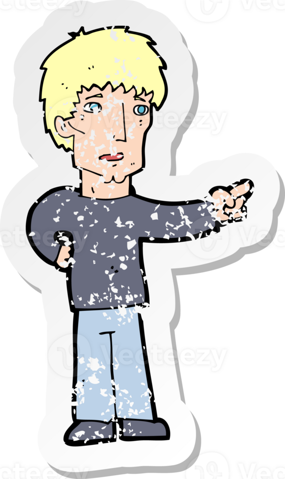 retro distressed sticker of a cartoon pointing man drawing png