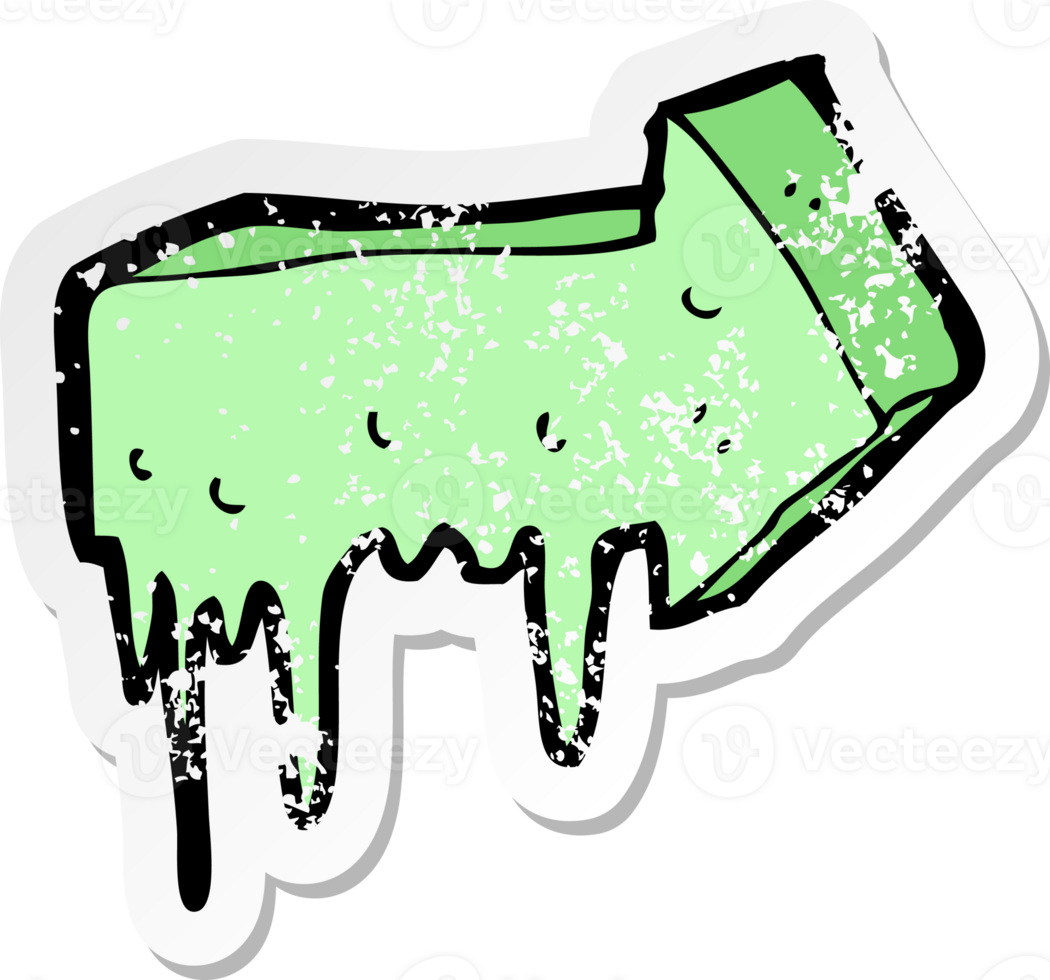 retro distressed sticker of a cartoon slimy pointing arrow drawing png