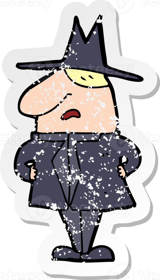 retro distressed sticker of a cartoon man in coat and hat drawing png