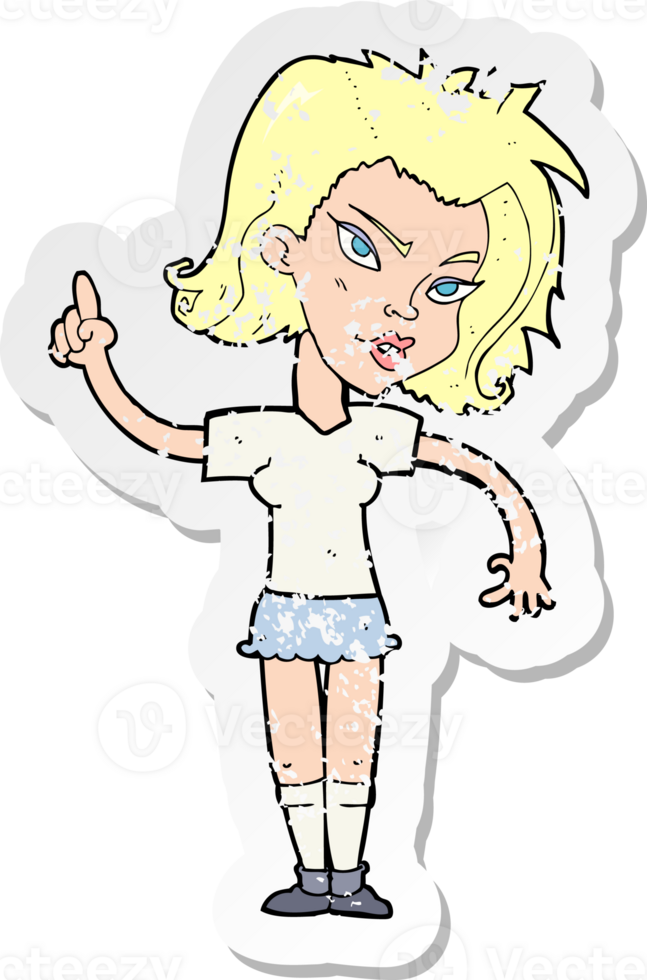 retro distressed sticker of a cartoon woman with idea drawing png
