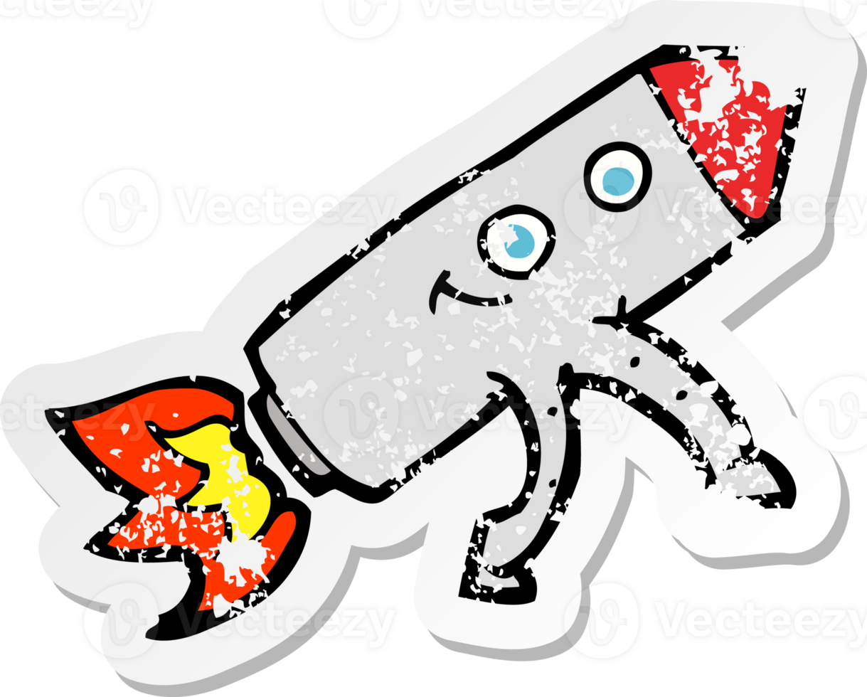 retro distressed sticker of a cartoon happy rocket drawing png
