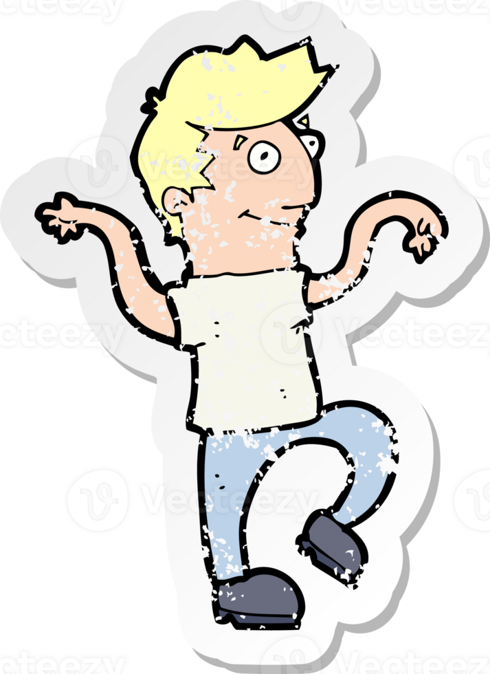 retro distressed sticker of a cartoon happy man doing funny dance drawing png