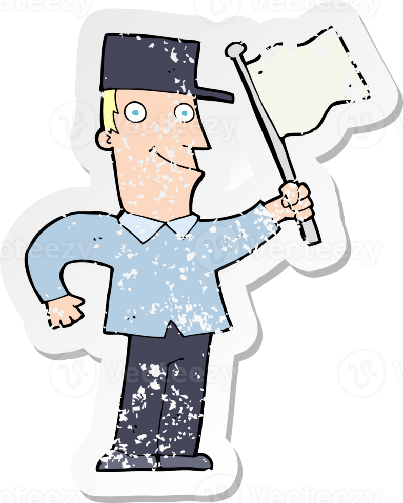 retro distressed sticker of a cartoon man waving flag drawing png