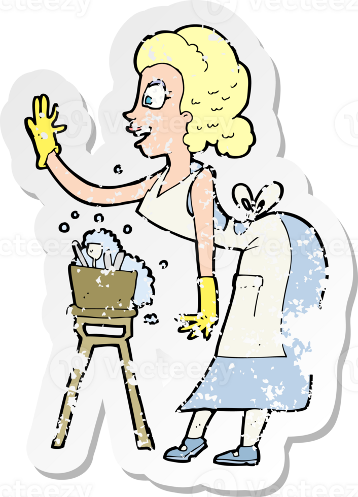 retro distressed sticker of a cartoon housewife washing up drawing png