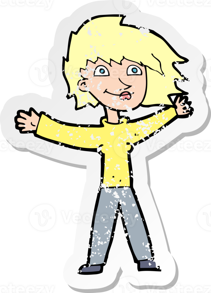 retro distressed sticker of a cartoon excited woman waving drawing png