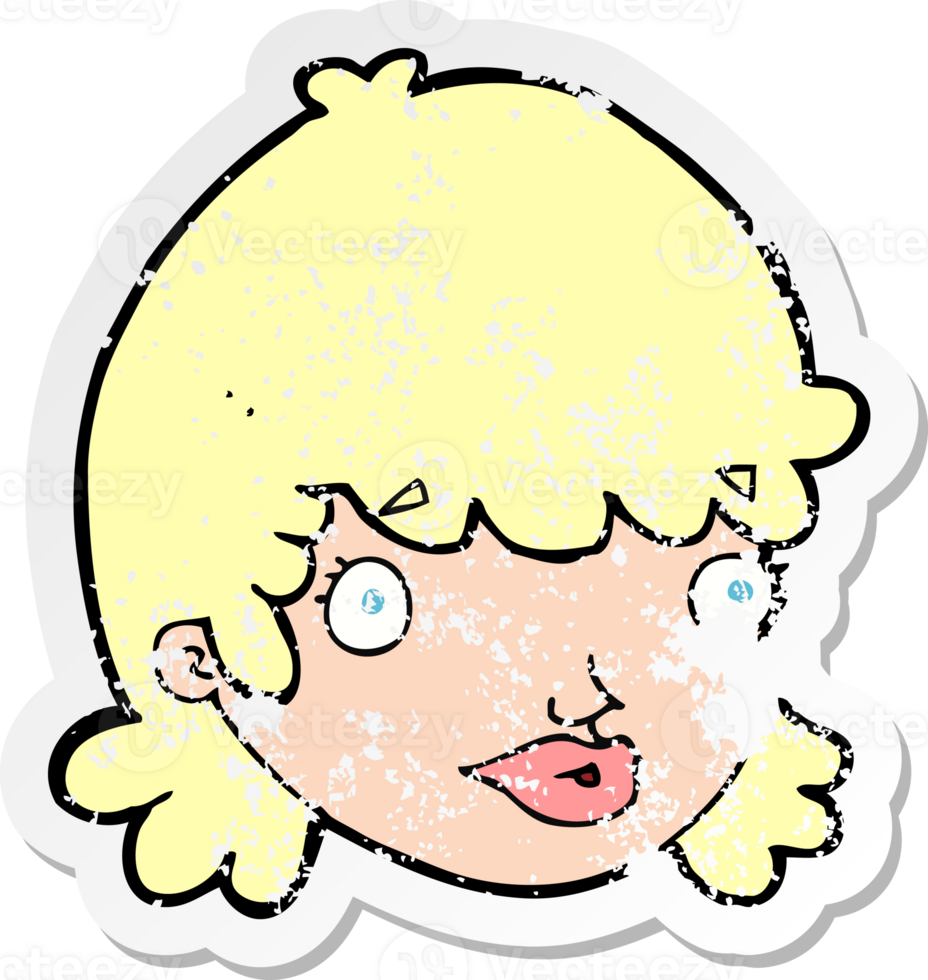 retro distressed sticker of a cartoon female face with surprised expression drawing png