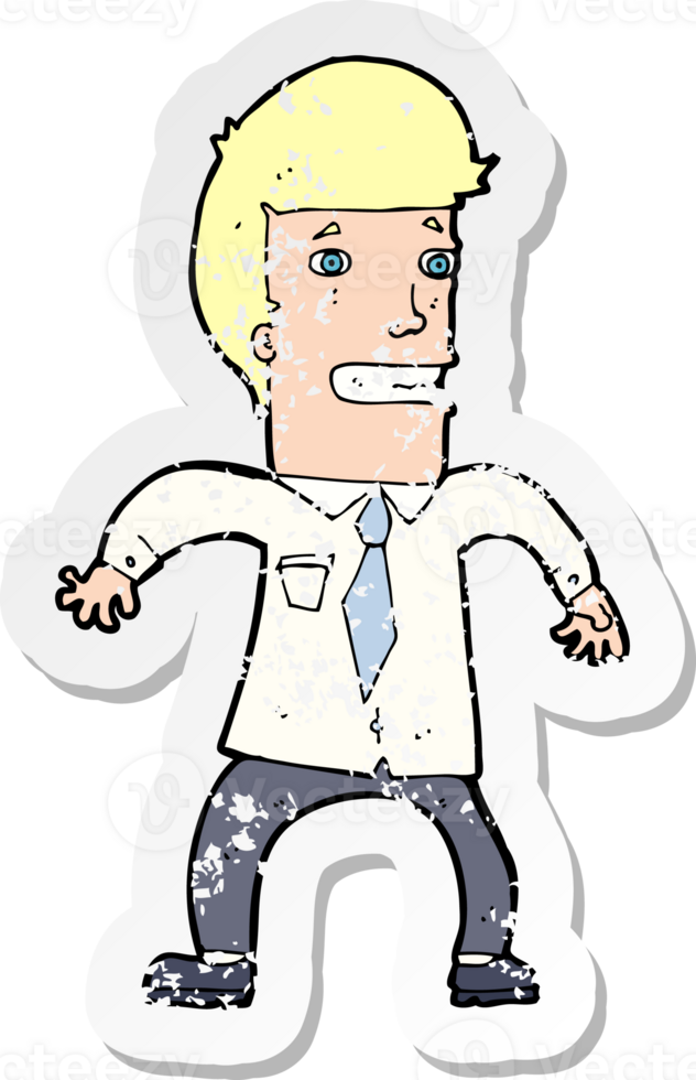 retro distressed sticker of a cartoon nervous businessman drawing png