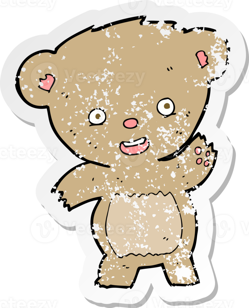 retro distressed sticker of a cartoon waving teddy bear drawing png