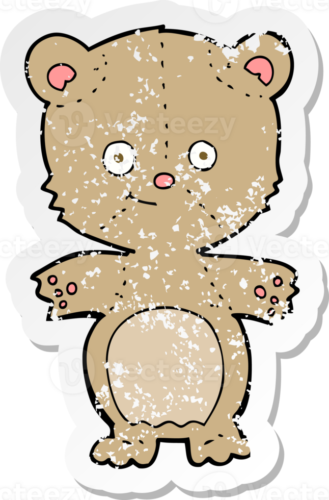 retro distressed sticker of a cartoon happy teddy bear drawing png