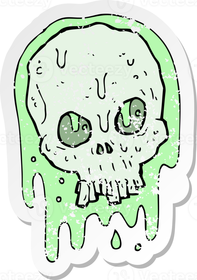 retro distressed sticker of a cartoon slimy skull drawing png