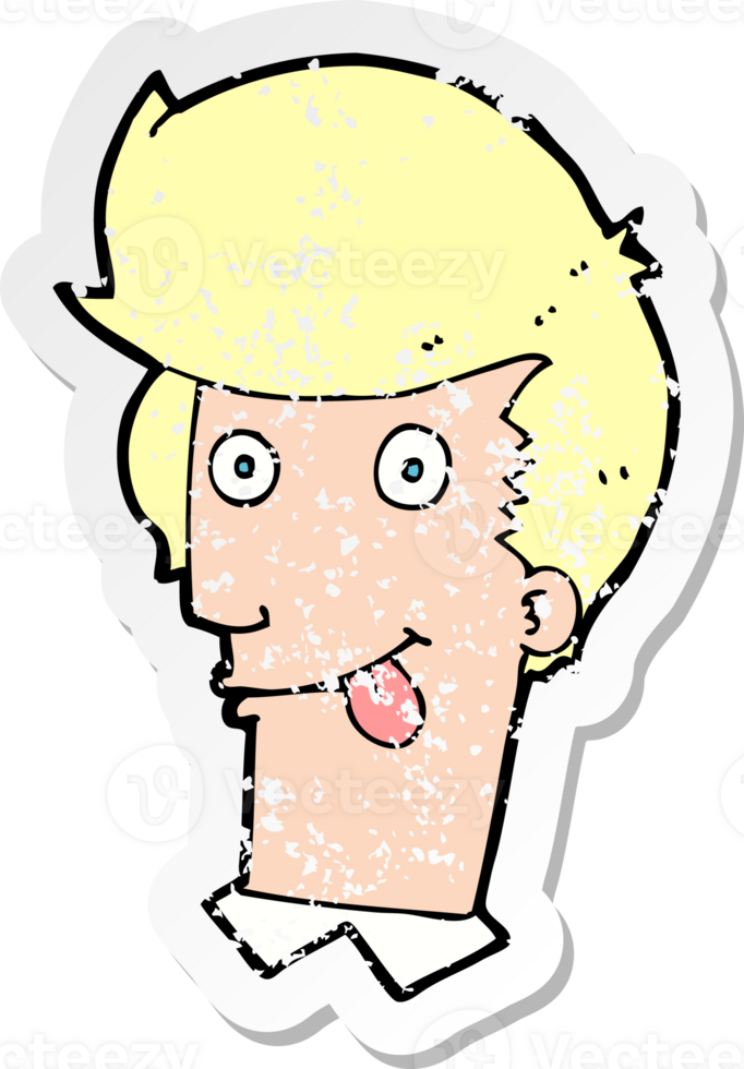 retro distressed sticker of a cartoon man with tongue hanging out drawing png
