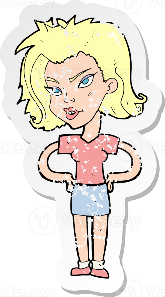 retro distressed sticker of a cartoon woman with hands on hips drawing png