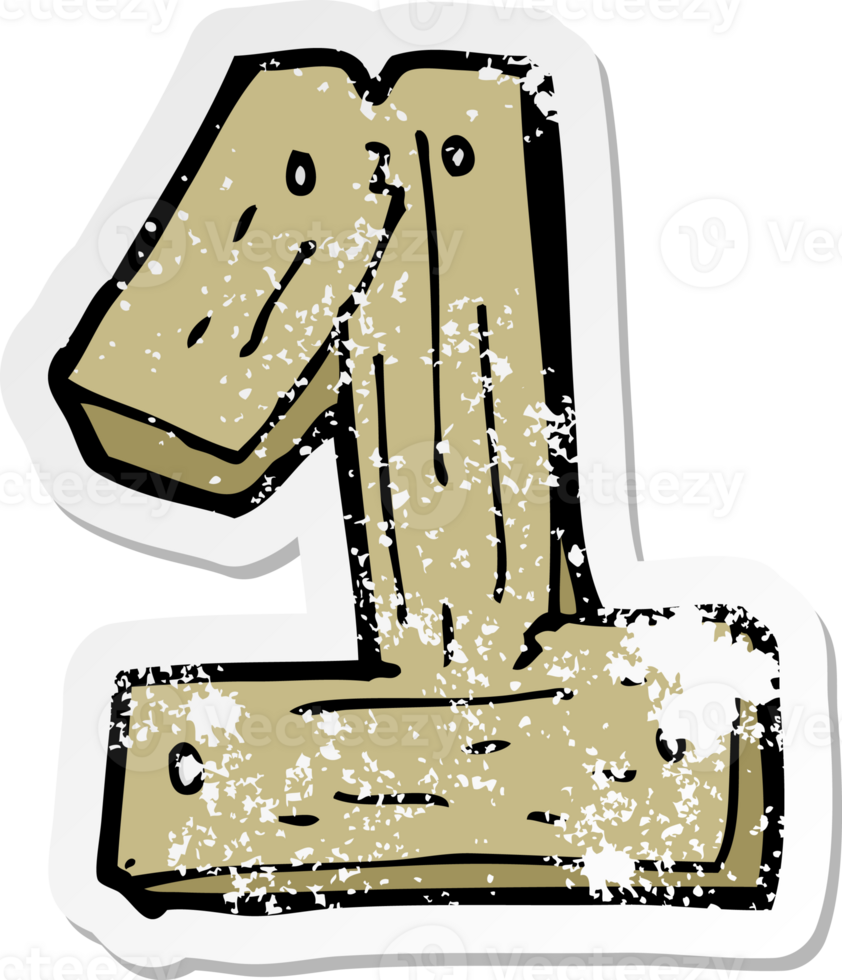 retro distressed sticker of a cartoon wooden number one drawing png
