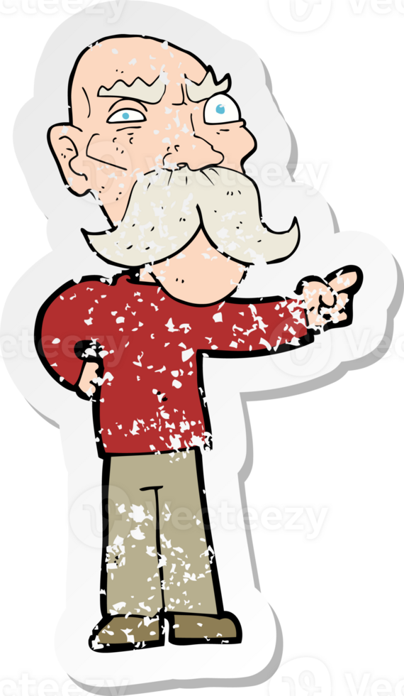 retro distressed sticker of a cartoon annoyed old man pointing drawing png