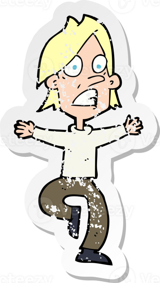 retro distressed sticker of a cartoon panicking man drawing png
