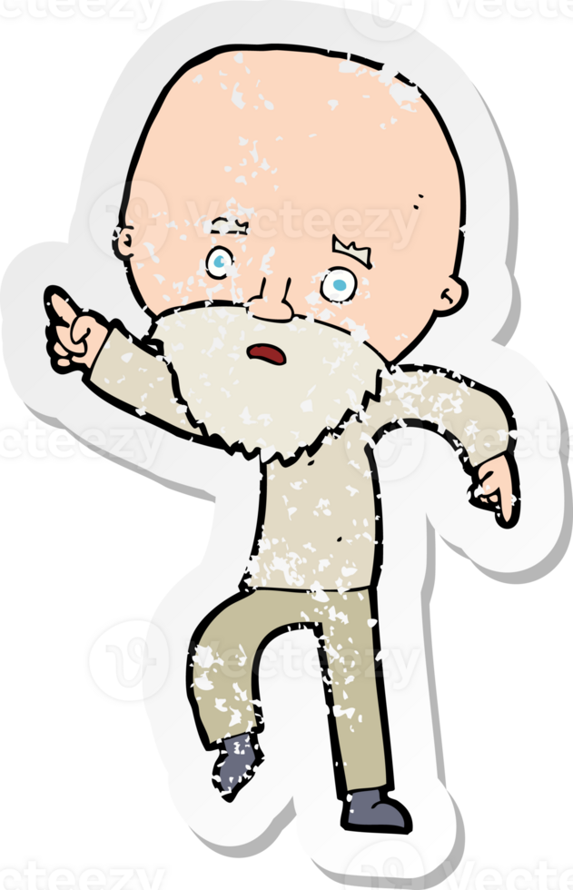 retro distressed sticker of a cartoon worried old man pointing drawing png