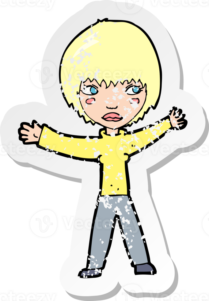 retro distressed sticker of a cartoon waving woman drawing png