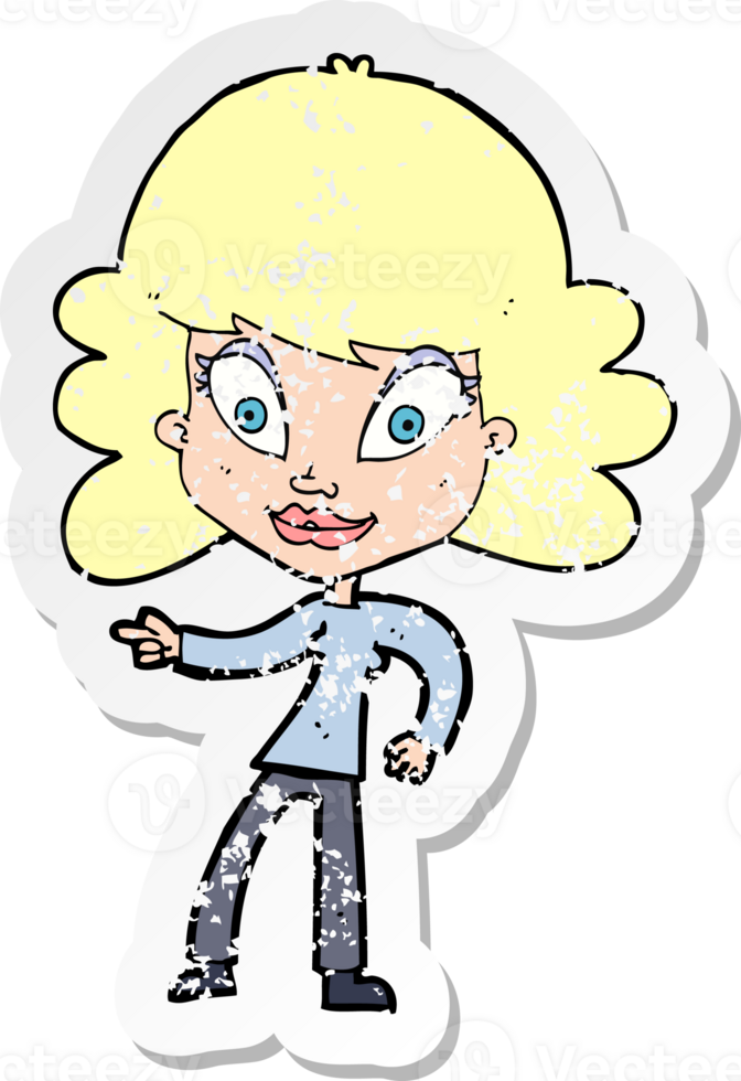 retro distressed sticker of a cartoon woman pointing drawing png