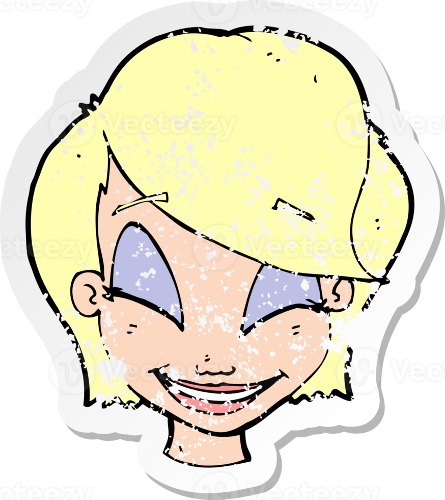 retro distressed sticker of a cartoon pretty female face drawing png