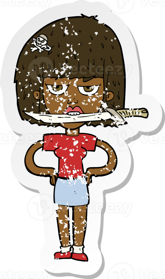 retro distressed sticker of a cartoon woman with knife between teeth drawing png