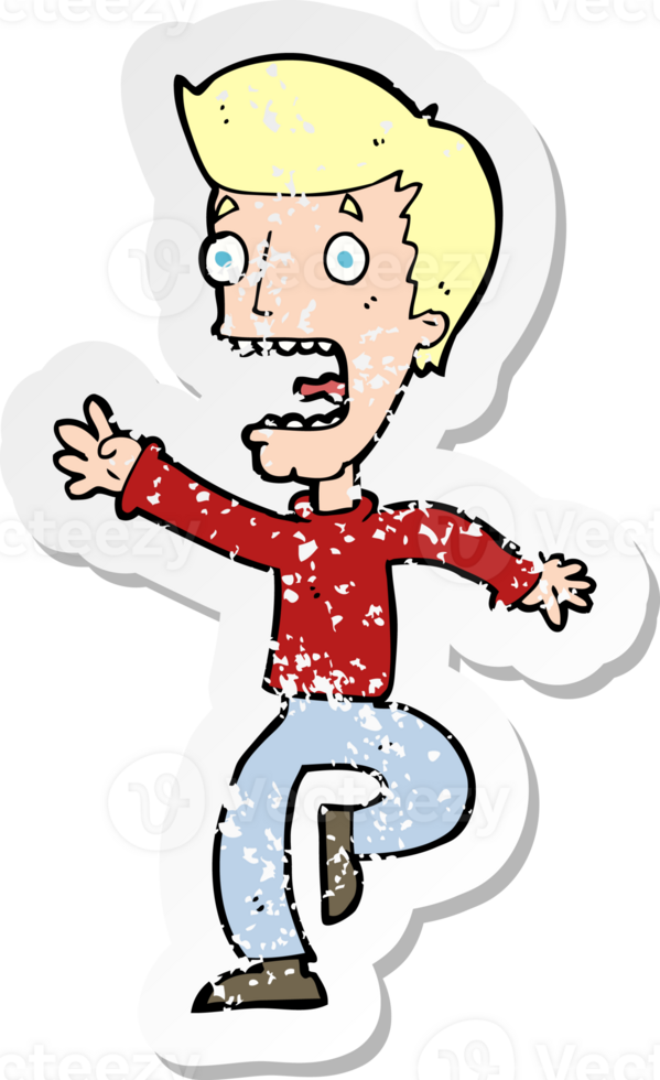 retro distressed sticker of a cartoon terrified man drawing png