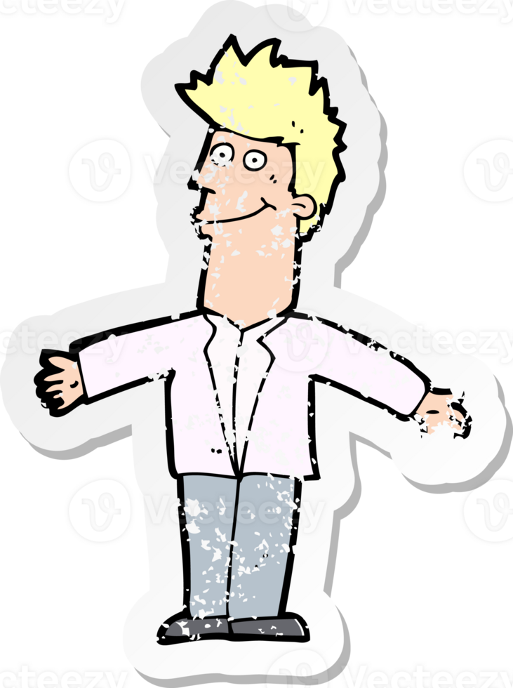 retro distressed sticker of a cartoon happy man drawing png