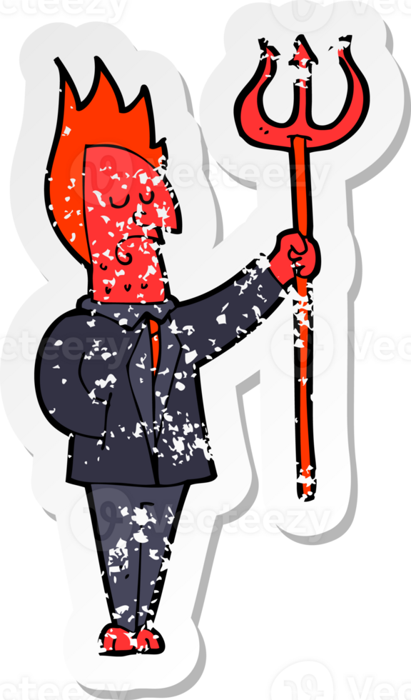 retro distressed sticker of a cartoon devil with pitchfork drawing png