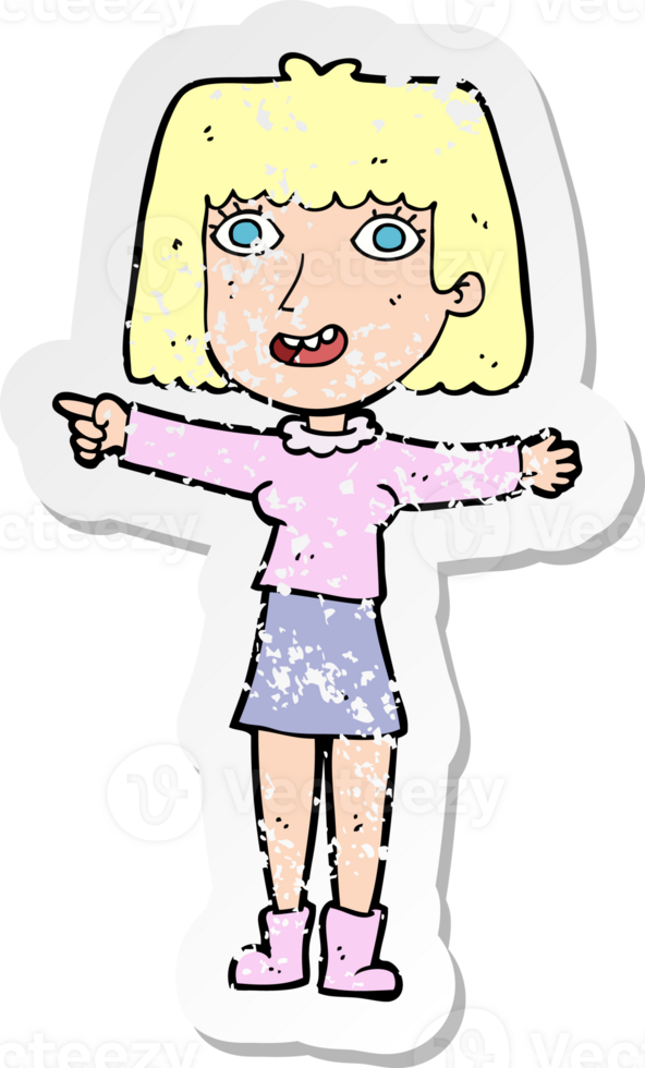 retro distressed sticker of a cartoon happy woman pointing drawing png