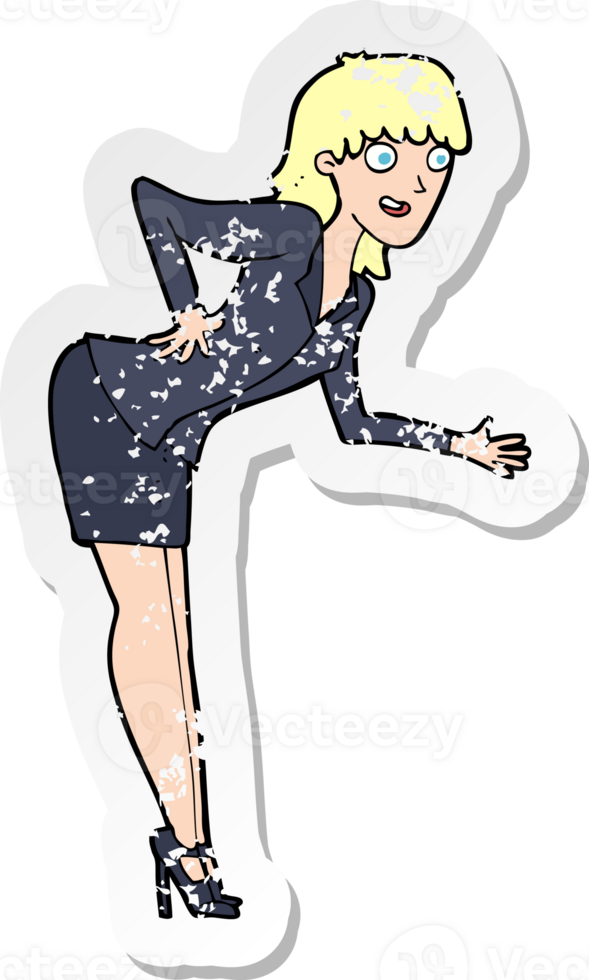 retro distressed sticker of a cartoon businesswoman explaining drawing png