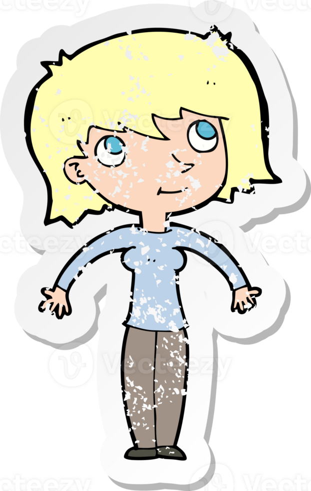 retro distressed sticker of a cartoon woman shrugging drawing png