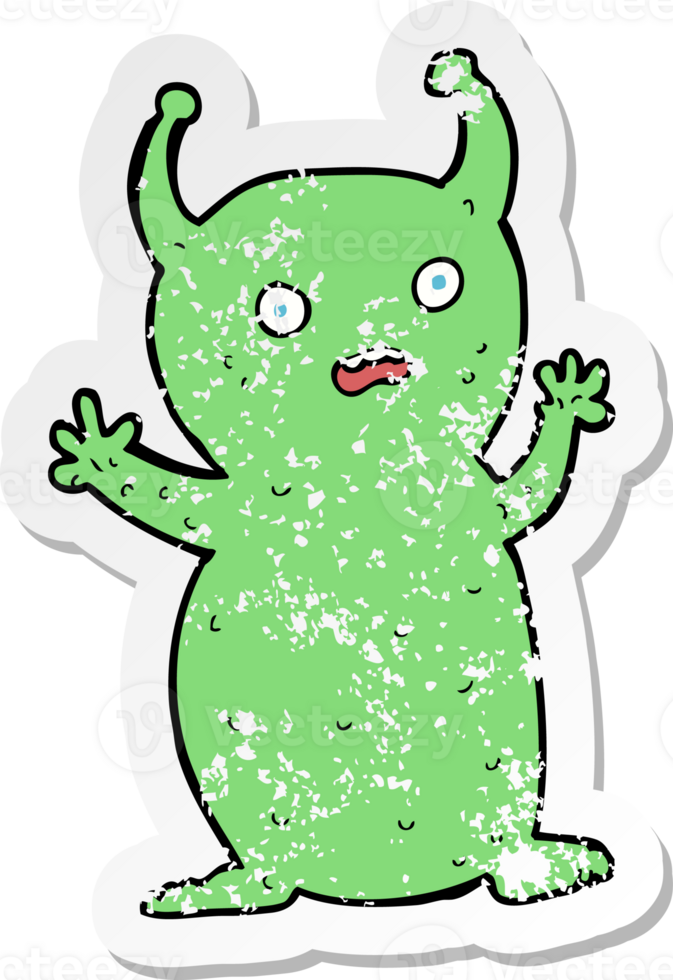retro distressed sticker of a cartoon funny little alien drawing png