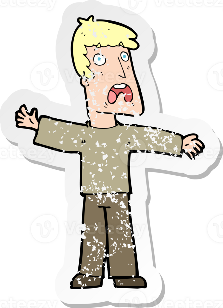 retro distressed sticker of a cartoon frightened man drawing png