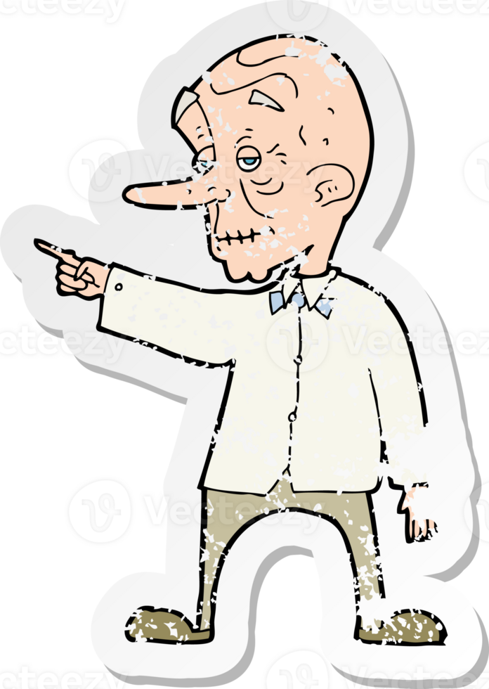 retro distressed sticker of a cartoon old man pointing drawing png