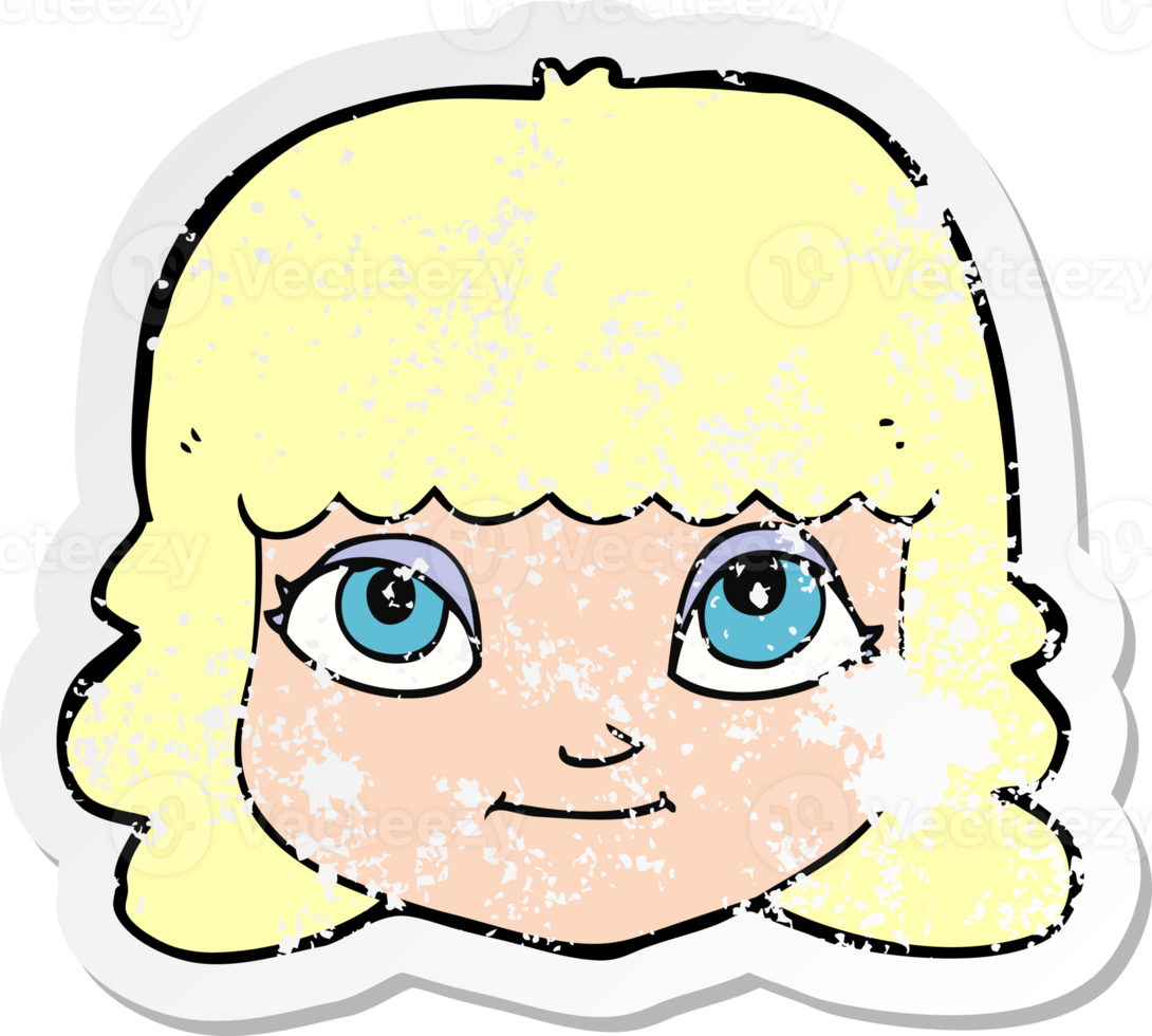 retro distressed sticker of a cartoon happy female face drawing png