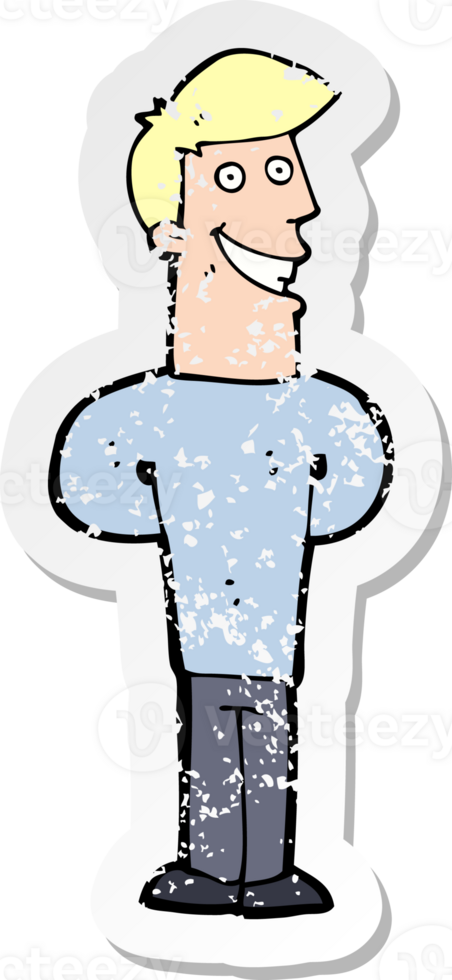retro distressed sticker of a cartoon grinning man drawing png