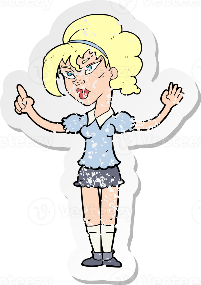 retro distressed sticker of a cartoon woman with idea drawing png